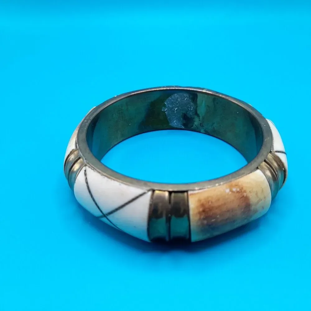 Vintage Brass Bone Inlay Wide Bangle Bracelet Cream Tribal Boho 8 Inch